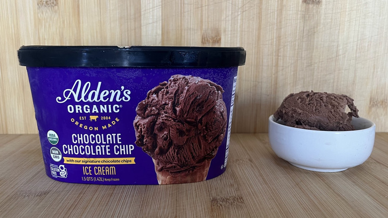 Container of Alden's Organic Chocolate Chocolate Chip ice cream