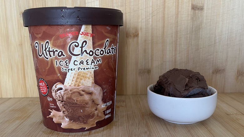 Pint and a scoop of Trader Joe's Ultra Chocolate Ice Cream