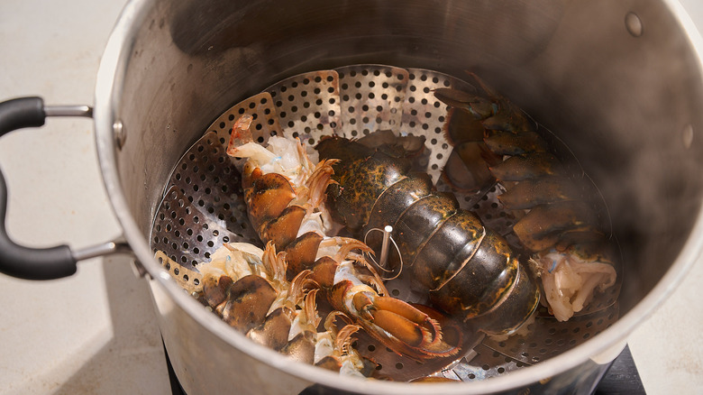 steaming lobster tails in a pot
