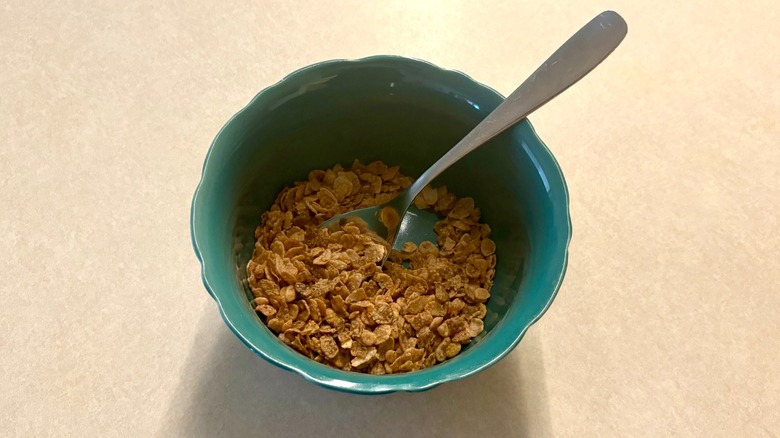Cinnamon Pebbles cereal in green bowl with spoon
