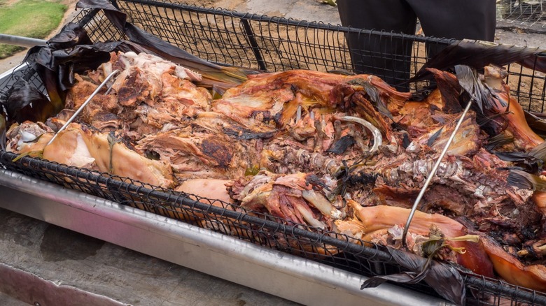 Whole cooked pig freshly removed from an underground pit
