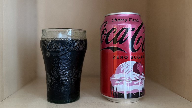a can and glass filled with Coca-Cola Cherry Float Zero Sugar
