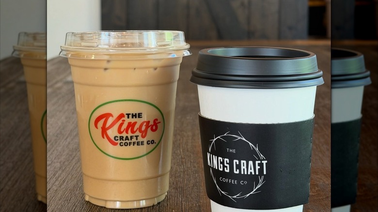 Two to-go coffee drinks at The King's Craft Coffee, company owned by former NFL player Cory Withrow, an iced latte and a hot coffee