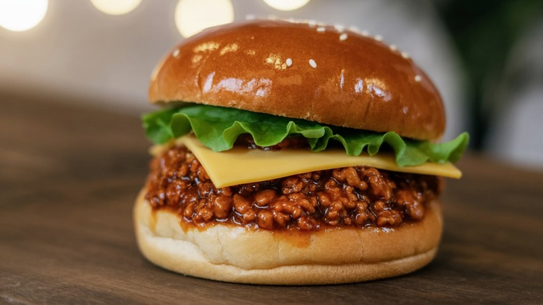 A sloppy Joe sandwich topped with lettuce and cheese