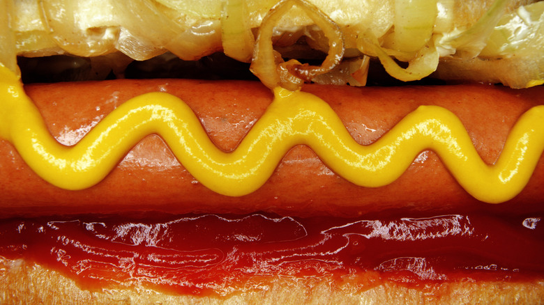 A close up hot dog with mustard, ketchup, and onions