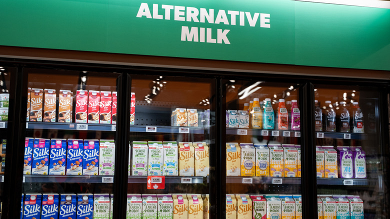 Alternative milk section in a grocery store.