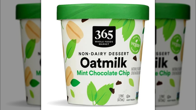 green and white carton of Whole Food's oat milk mint chocolate chip ice cream