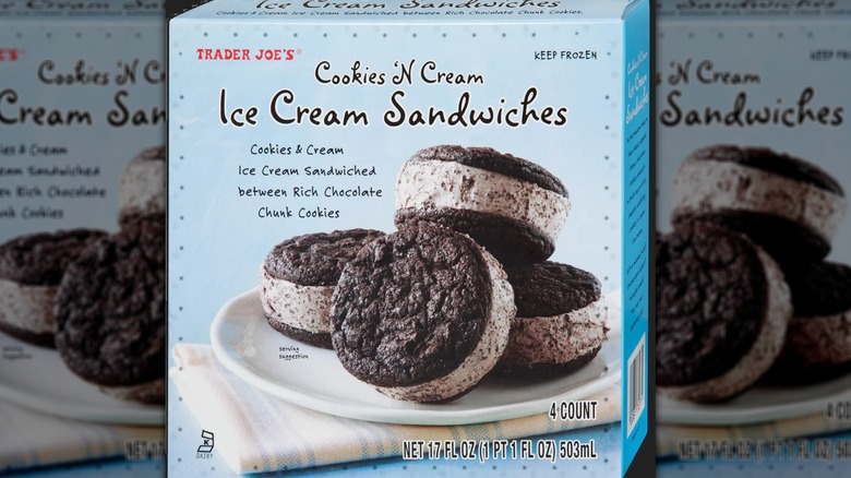 Light blue box of Trader Joe's cookies and cream ice cream sandwiches