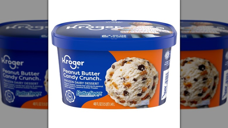 Blue tub of Kroger's Peanut Butter Candy Crunch Frozen Dairy Dessert