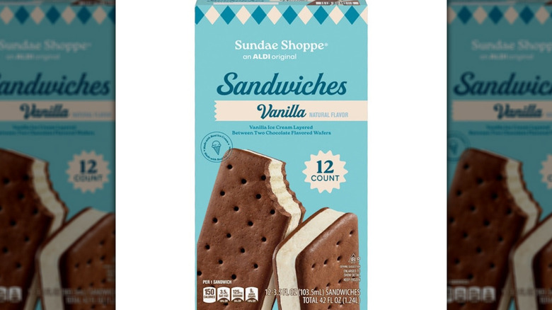 Blue box of Aldi's Sundae Shoppe Ice Cream Sandwiches