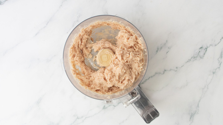 Chicken nugget filling mixture in food processor