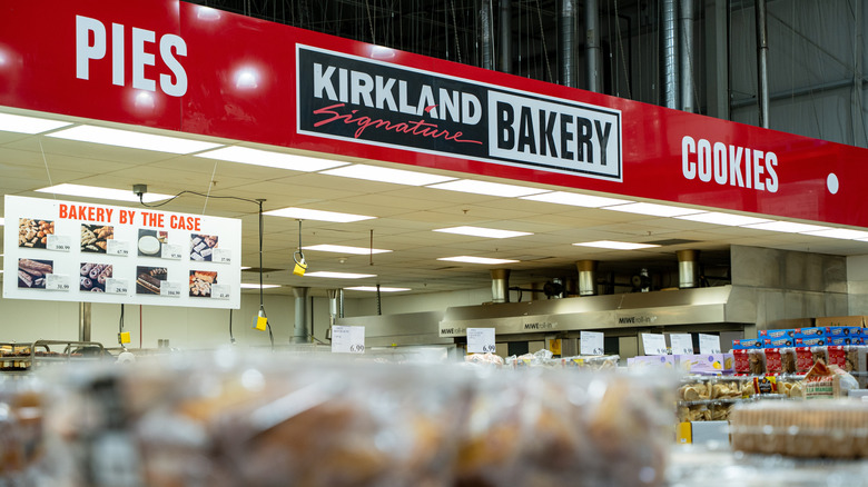 The Kirkland Signature Bakery in a Costco location with blurred products sitting in the foreground