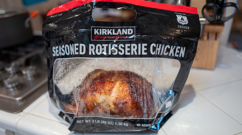 A close-up of a Kirkland rotisserie chicken from Costco on a kitchen counter