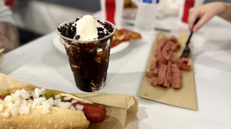 Sundae with other food on a table at Costco