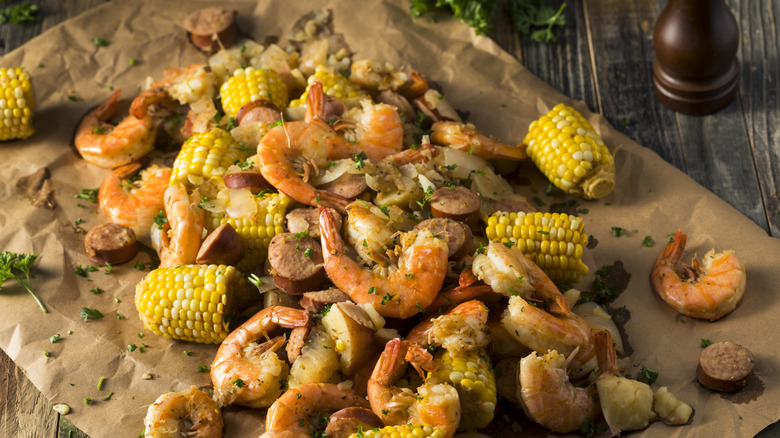 A homemade seafood boil on a parchment paper