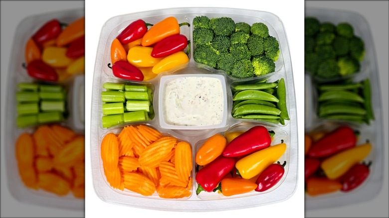 Four-pound Vegetable Tray with Ranch Dip from Costco on a white background.