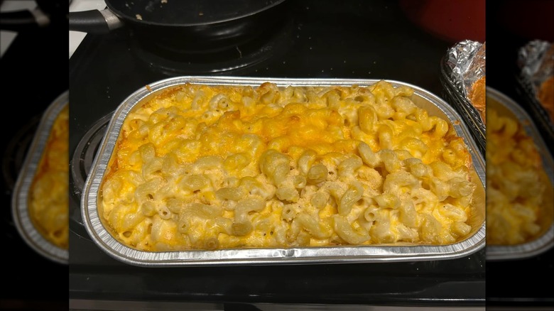 Kirkland Signature Mac and Cheese baked and sitting on the stovetop