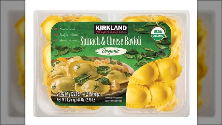 Kirkland Signature Organic Spinach and Cheese Ravioli on a white background.