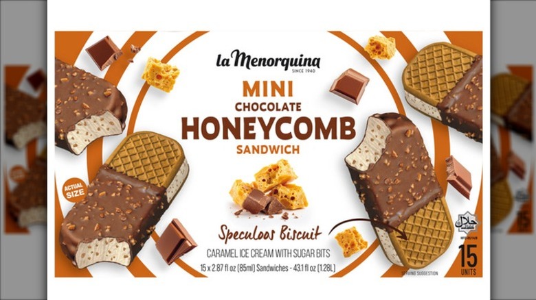 A box of La Menorquina Mini Honeycomb Chocolate Sandwiches on a white background.