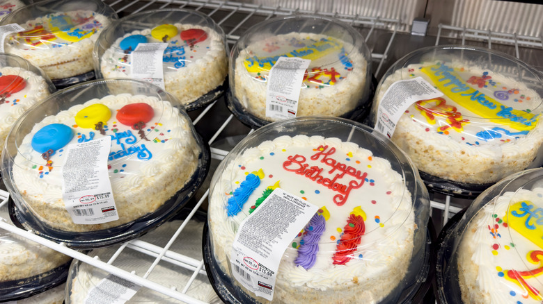 Costco birthday cakes on bakery shelf