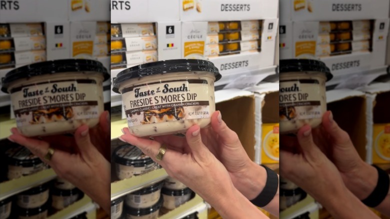 Someone holding up a tub of Taste of the South Fireside S'mores Dip for sale at Costco.