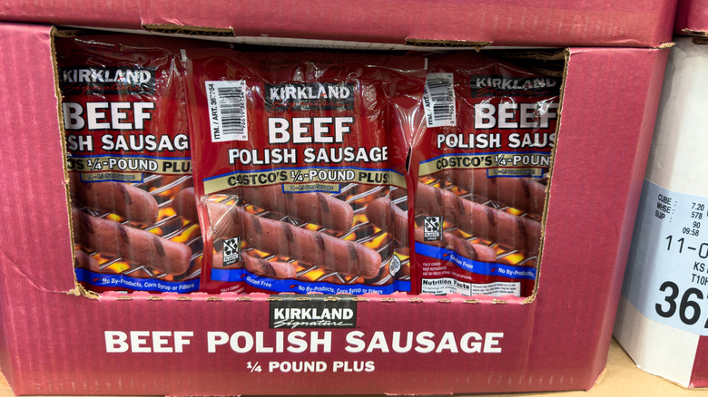 Packs of Costco Polish sausage in box