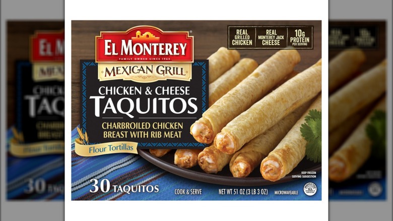 A box of the El Monterey Mexican Grill Chicken & Cheese Taquitos