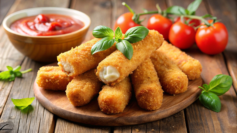 plate of breaded mozzarella sticks next to tomatoes and marinara sauce