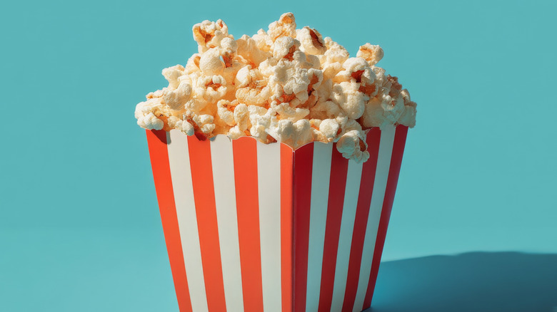 Red and white bucket of popcorn