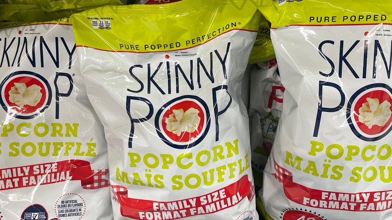 SkinnyPop popcorn bags on shelf