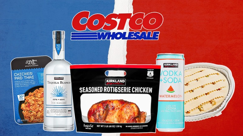 Costco Wholesale lettering with pad thai, tequila, rotisserie chicken, vodka soda, and pot pie