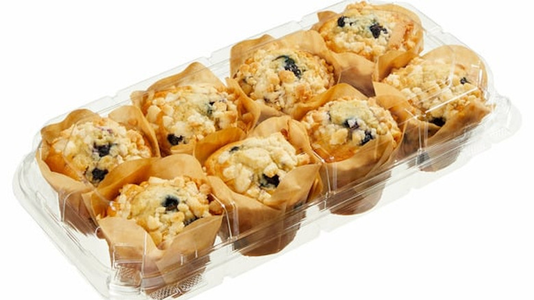 Eight pack of individually wrapped blueberry cream muffins in plastic container