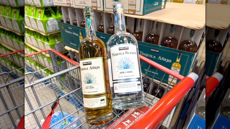 Kirkland Tequila Anejo and Silver in Costco shopping cart