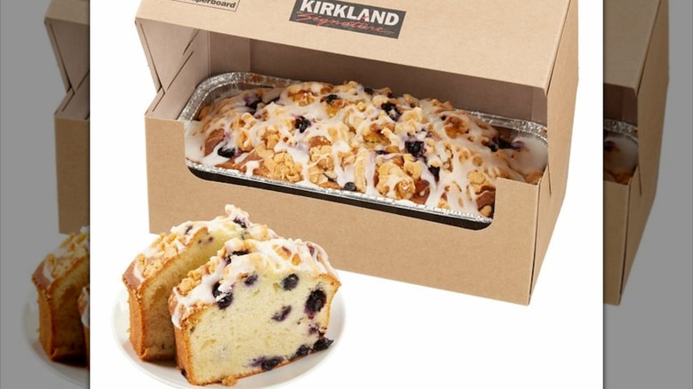 Costco Kirkland Signature Lemon Blueberry Loaf in box with two slices outside