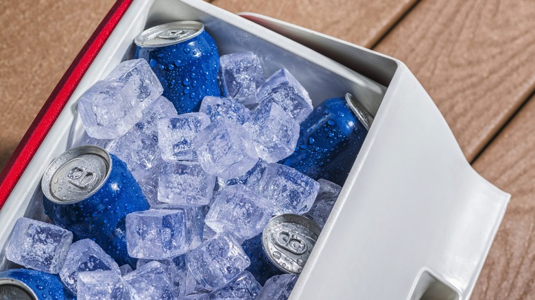 Red and white cooler with ice and blue canned beverages