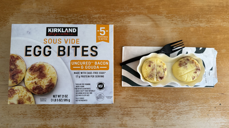 top-down view of Costco packaging and Starbucks Egg Bites