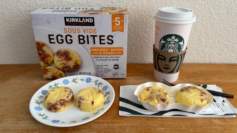 Costco Egg Bites with packaging with Starbucks Egg Bites beside coffee cup