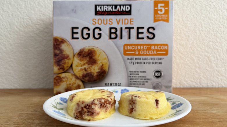 Costco Egg Bites on small plate with box in background