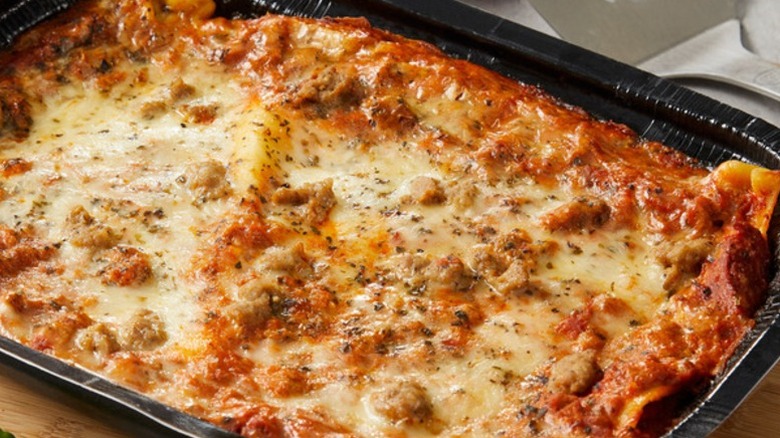tray of Kirkland Signature Italian sausage and beef lasagna