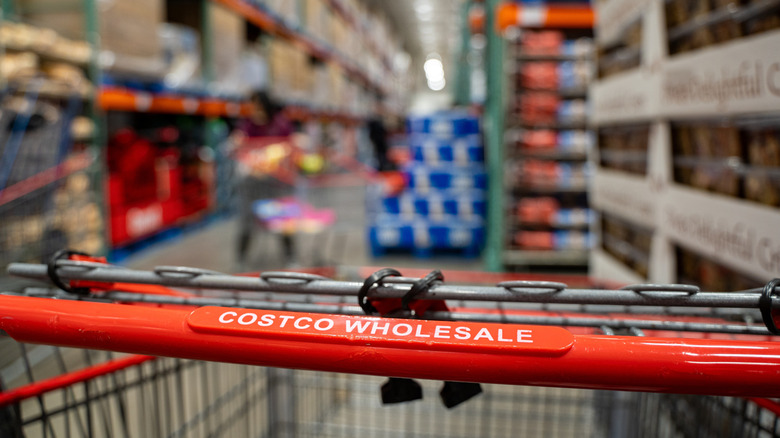 A Costco Wholesale shopping cart in focus with the interior of the store is blurred in the background