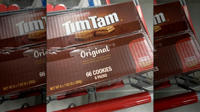 Box of Tim Tam cookies at Costco sitting in a shopping cart.