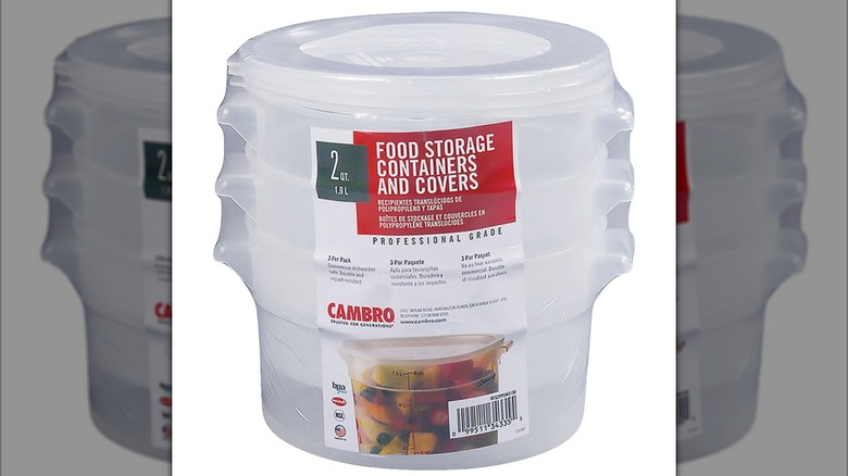 Stack of plastic round Cambro containers from Costco on white background