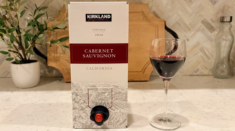 A glass of Costco's Kirkland Signature Cabernet Sauvignon boxed wine