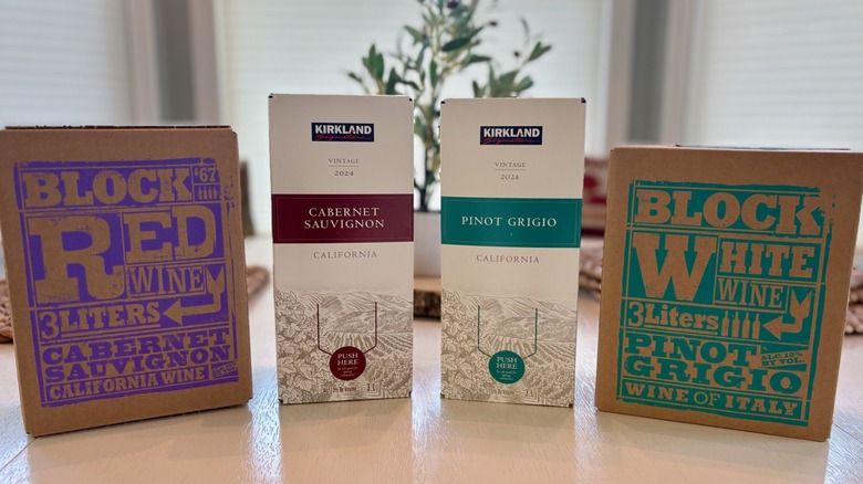 Cabernet Sauvignon and Pinot Grigio boxed wines from Costco and Trader Joe's