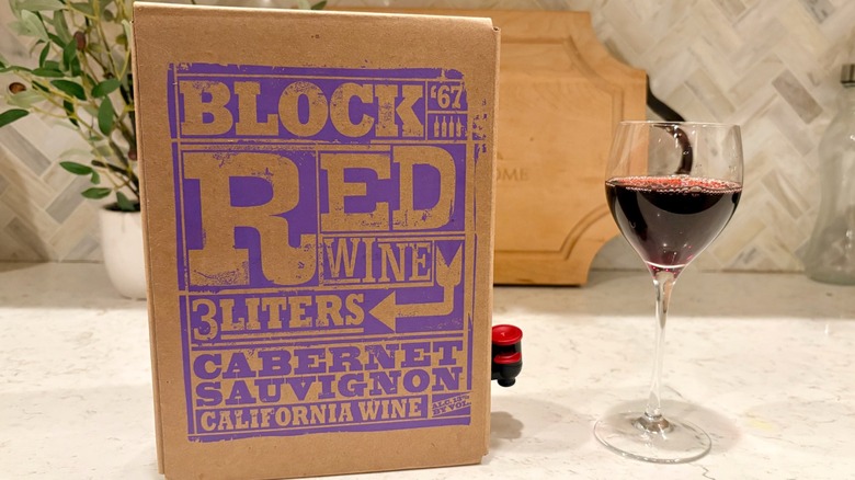 A glass of Trader Joe's Block Red Cabernet Sauvignon boxed wine