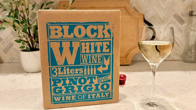 A glass of Trader Joe's Block White Pinot Grigio boxed wine