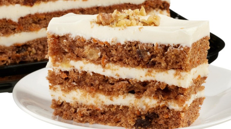 slice of Kirkland Signature carrot cake on a white plate