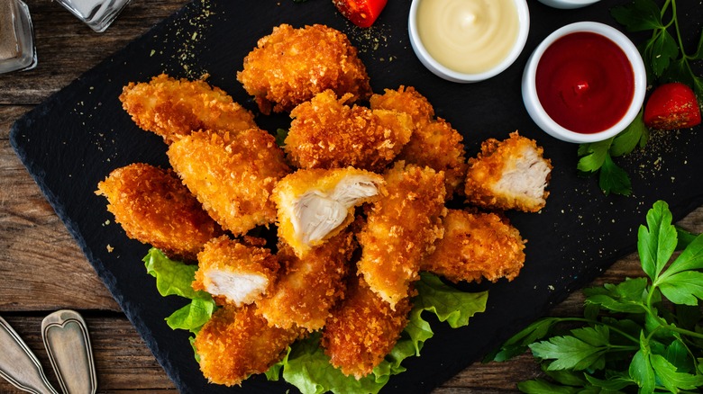 Plate of chicken nuggets with dipping sauces on the side.