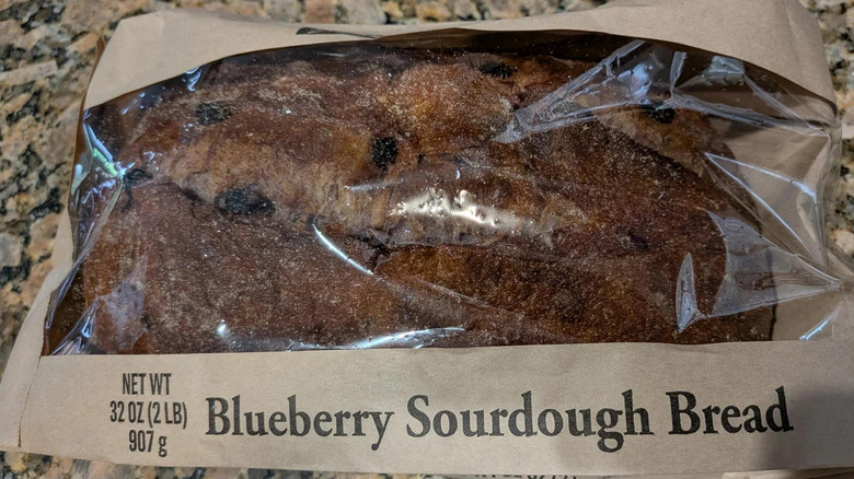 A packaged loaf of Costco blueberry sourdough bread
