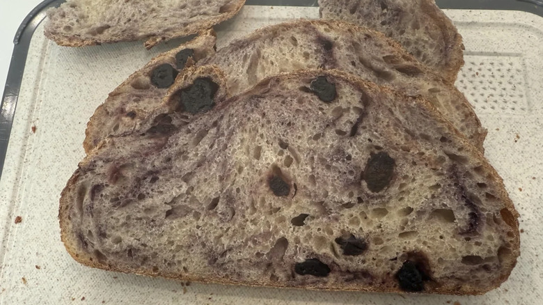 Slices from a loaf of Costco blueberry sourdough bread